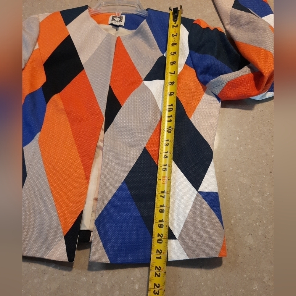 Anne Klein Blazer Open Front Geometric Blue Orange 100% Cotton Size 4 - Picture 9 of 12